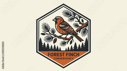 Foto Professional Hexagon Badge Logo Design of a Forest Finch Bird on a Pine Branch f