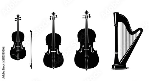 Konstfotografi Black silhouettes of string instruments and bow on white background with silhoue