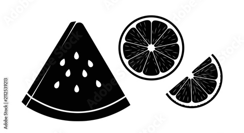 Foto Black and white illustration of sliced watermelon with fruits white background w