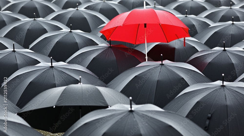 Obraz premium One bright red umbrella stands out among many identical dark black umbrellas. Different object shows uniqueness, individuality in crowd. Concept of personal brand leadership, success represents brave