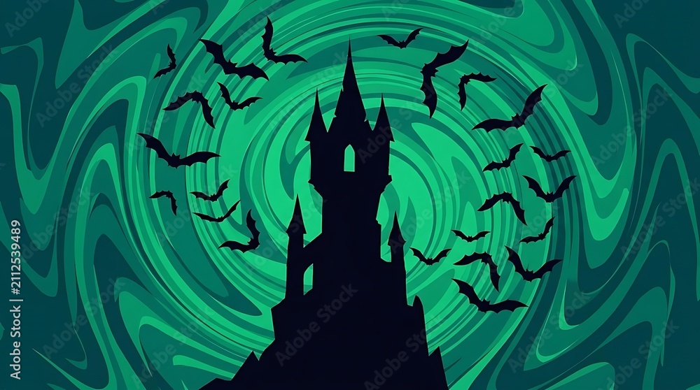 Fototapeta premium Spooky castle silhouette with bats on green swirl background.