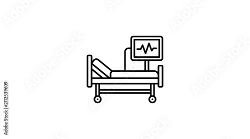Hospital bed with a medical monitor displaying a heartbeat line.
