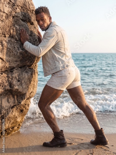 Black Male Model Standing on a Beach Near Coastal Rocks Wearing a Light Jacket and Shorts
