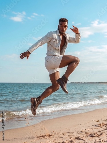 Black Male Model Standing on a Beach Near Coastal Rocks Wearing a Light Jacket and Shorts