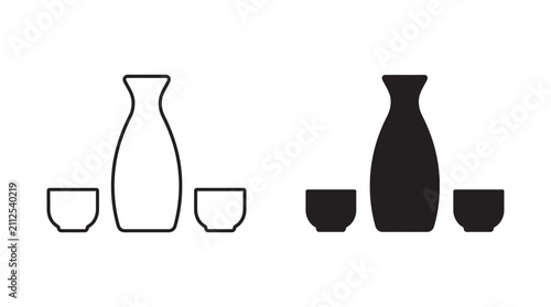 Sake bottle and cups silhouette black and white line art