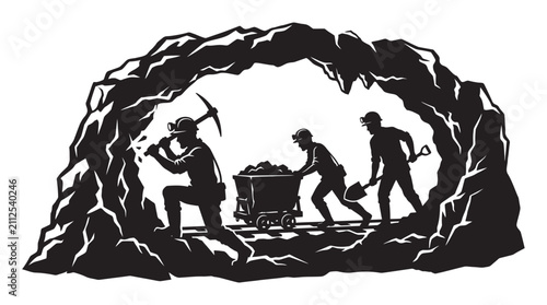 Foto Miners working in a tunnel black and white silhouette