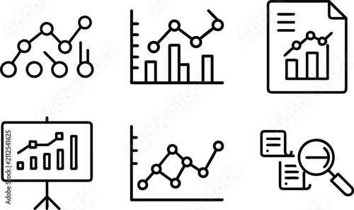 Set of six linear icons showing various data analysis and presentation charts including line graphs column charts and document analysis.