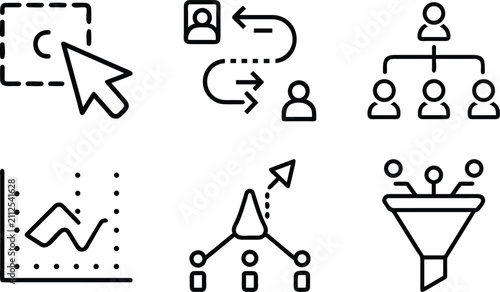 Set of six linear icons showcasing user interface elements organization charts statistical data and marketing funnels.