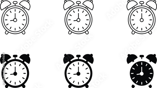Set of Alarm Clock Icons in Outline and Solid Styles