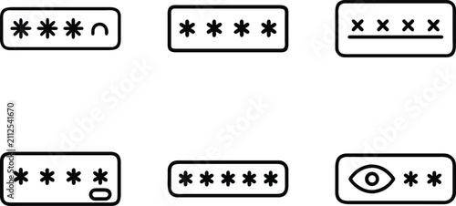 Set of various password entry interface components with diverse masking styles warning symbols and hidden character visualization for website security.