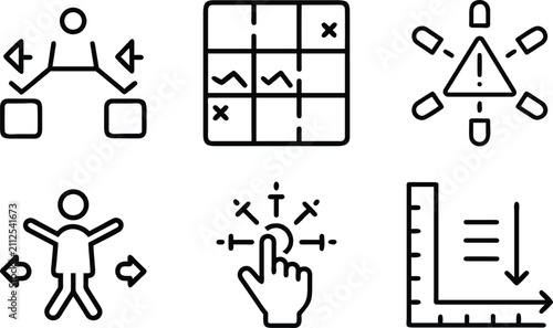 Strategic planning and management icons featuring decision making risk assessment user interface navigation and data visualization for business projects.