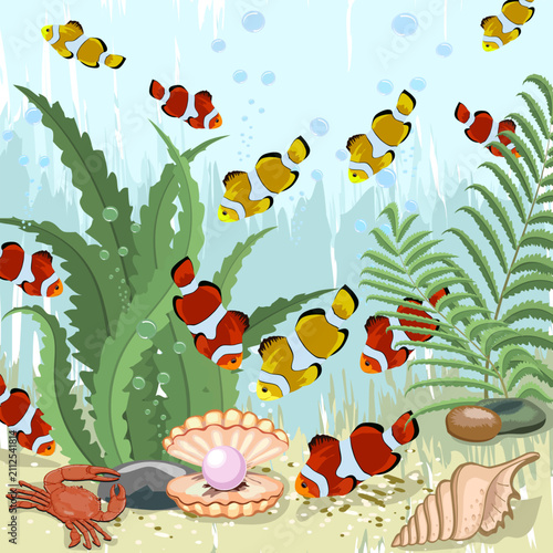 Bright fish and a crab underwater.Vector color illustration with beautiful fish, crab and pearl.