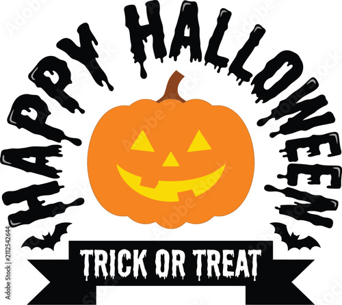 Happy Halloween pumpkin vector illustration trick or treat text with spooky black dripping font