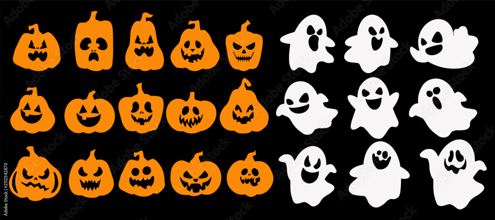 Obraz premium Large Halloween icon set with 15 orange jack-o-lantern pumpkins and 9 white ghost silhouettes, each with unique facial expressions. Flat style for stickers, cards, patterns and party design.