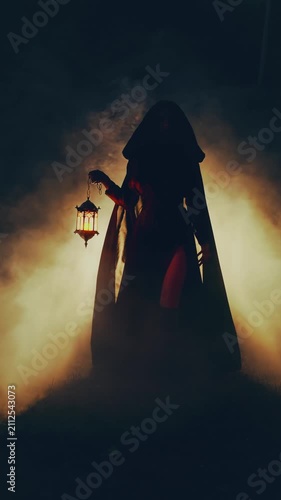 unrecognizable silhouette gothic woman ghost walking in dark dense fog forest hands hold lantern lamp illuminating way. long black dress cape hood. Fantasy girl princess. Night nature vertical video