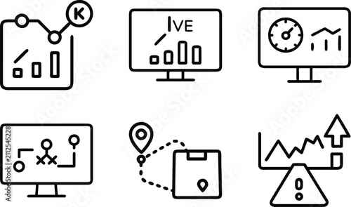 Strategic planning and logistics monitoring system icons showing live data streams route mapping supply chain visualization and market expansion.