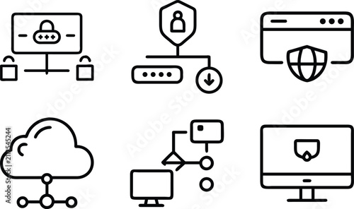 User authentication and cloud security icons showing login protection website shield download safety remote access and secure workstation networking.