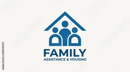 фотографія A blue logo for Family Assistance & Housing, featuring a house icon with three stylized people inside, representing support and community