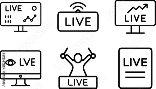 Various linear icons depicting live network activity monitoring performance charts media streaming broadcasting statistics and analytical reporting tools.