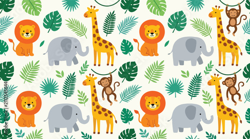 Canvas Print Flat style seamless vector pattern of adorable jungle animals with tropical leaves and playful nature elements