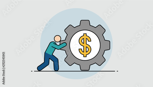 Entrepreneur character pushing business gear representing hard work, financial generation, and system execution.