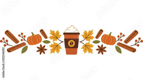 Autumn pumpkin spice coffee border. Fall seasonal beverage divider with leaves and cinnamon.