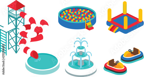 Isometric Water Park and Amusement Attractions Set with Tower Spiral Slide Round Ball Pit Fountain Bouncy Castle and Bumper Boats Vector Illustration