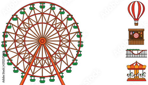 Foto Amusement Park Rides and Attractions Icon Set Featuring Large Ferris Wheel, Hot