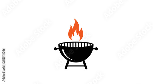 Minimalist Barbecue Grill Icon with Burning Flames Represents Summer Cooking and Social Gatherings