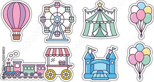 Cute Pastel Amusement Park Carnival Sticker Set Featuring Ferris Wheel Circus Tent Steam Train Castle and Balloon Vector Illustration Design Elements