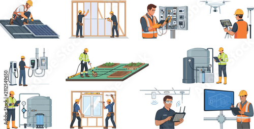 фотографія Modern Construction and Smart Building Engineering Workers Installation Vector C
