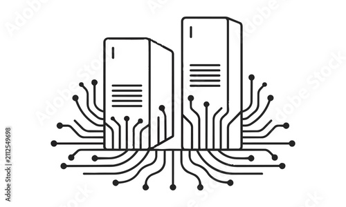 Minimal line art icon of two server towers with abstract circuit paths and data nodes isolated on a white background, modern technology concept