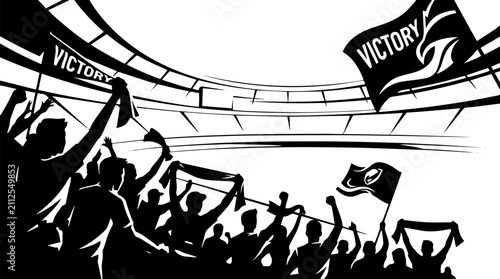 Fotografía Dynamic stadium crowd silhouette with victory flags, cheering sports fans in are