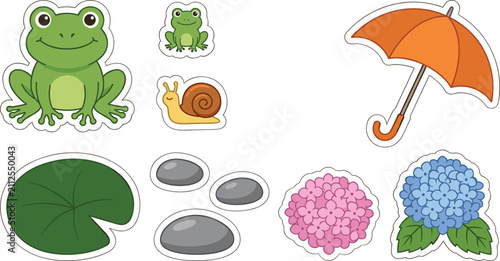 Tableau sur toile Cute Rainy Season Sticker Set with Cute Frog Snail Orange Umbrella Hydrangea Flo