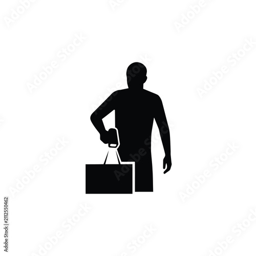 Person depositing an object into a shopping bag simple black silhouette human figure shopper customer consumer retail carrier