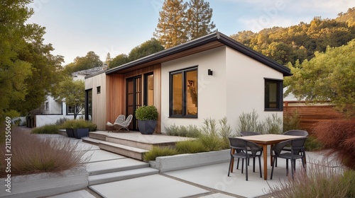 A modern farmhouse ADU stands in a Marin County backyard, where clean architecture and warm natural textures create a peaceful retreat with timeless comfort and contemporary style.