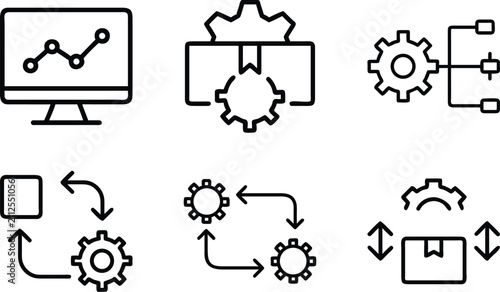 Set of 6 automation icons featuring data analytics automated process development workflow optimization and scaling.