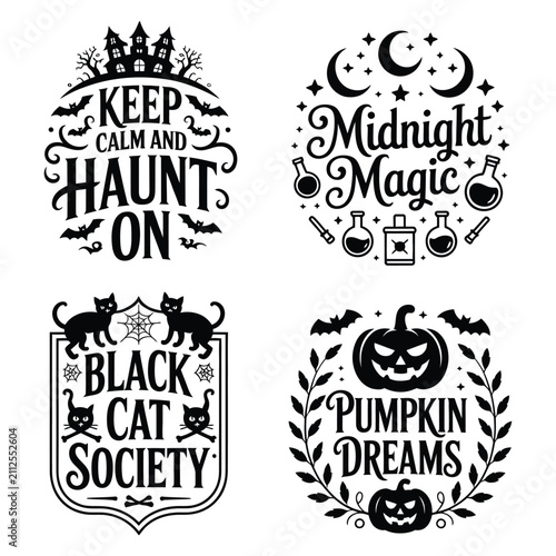 Collection of four Halloween themed graphic designs with spooky illustrations and text