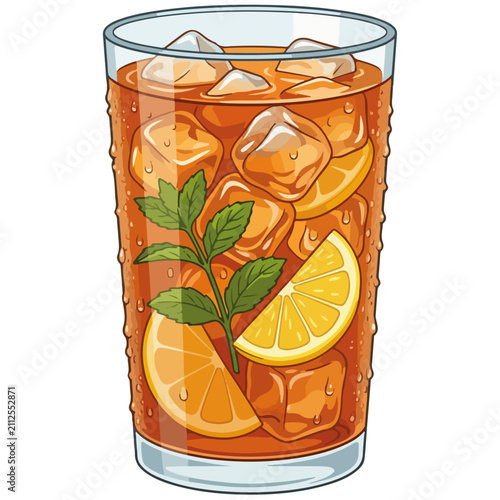 Refreshing Iced Tea Glass with Lemon Mint Vector Illustration