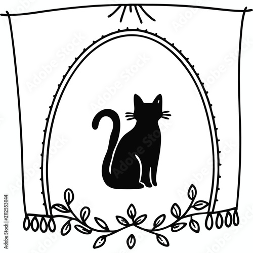 Black Cat Vector Illustration with Decorative Patterns and Raised Tail Line Art