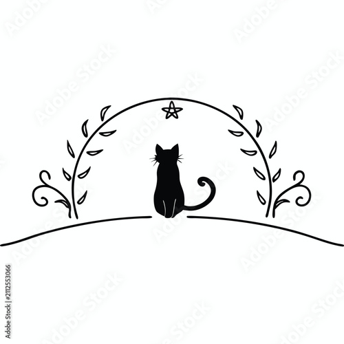 Black Cat Vector Illustration with Decorative Patterns and Raised Tail Line Art