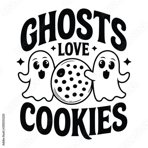 Cute cartoon ghosts with large eyes holding a polka dotted cookie with text overlay saying ghosts love cookies
