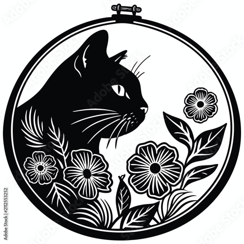 Black Cat Vector Illustration with Decorative Patterns and Raised Tail Line Art