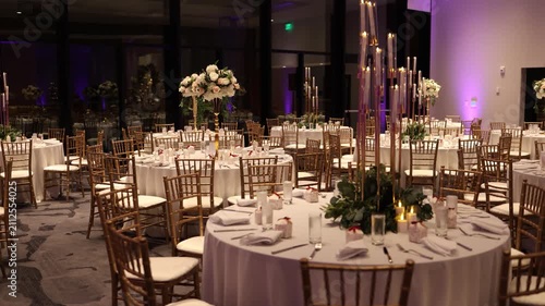 Served tables with decorations on a wedding