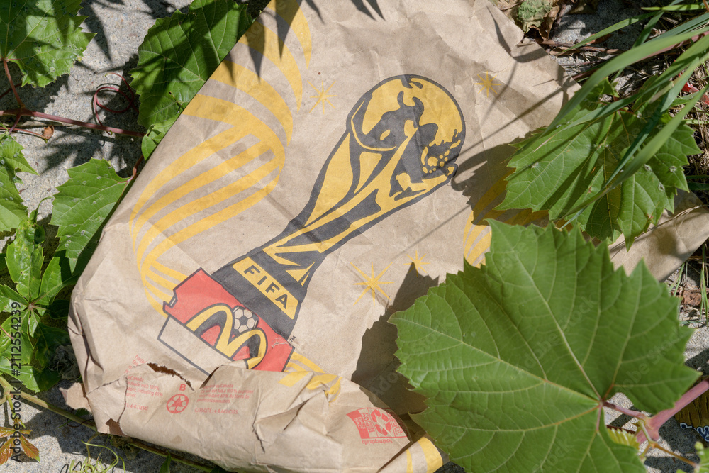 Obraz premium discarded McDonald's Canada paper bag with FIFA World Cup trophy logo in Toronto