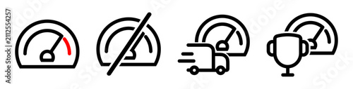 Set of different speedometer gauge line icons isolated on transparent background. Vector illustration collection for speed, performance, measurement, dashboard, automotive and technology design