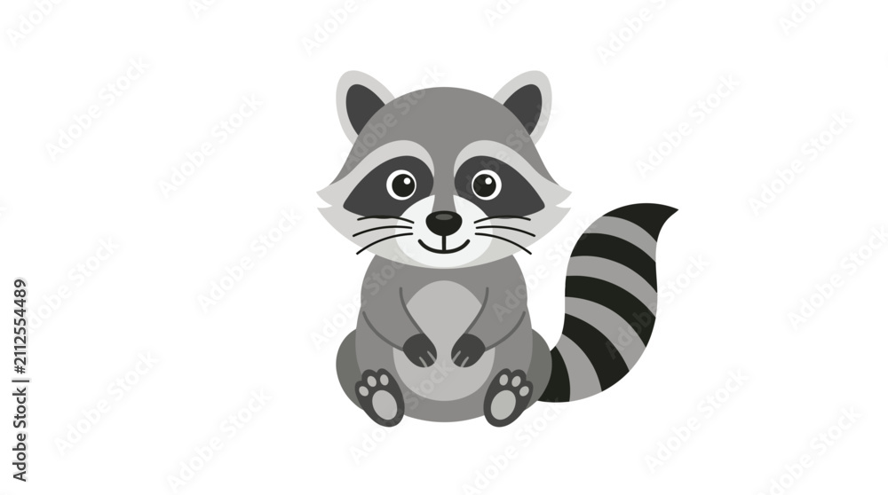 Fototapeta premium Cute gray raccoon sitting facing forward illustration.