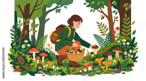 Woman foraging mushrooms in a lush green forest.