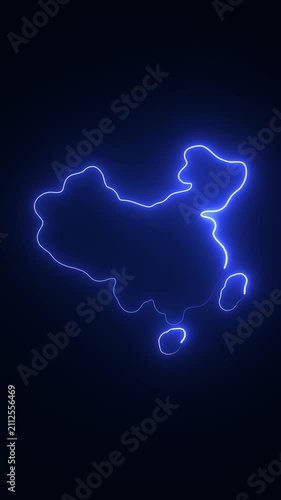 Neon glowing map of china outline, abstract blue digital technology background, futuristic geographic concept