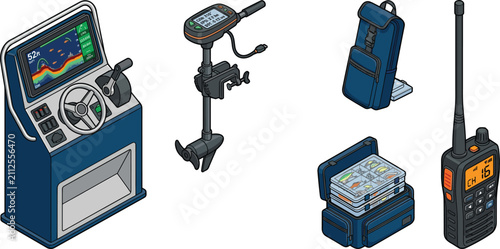Fotografie Professional isometric boat electronics and fishing gear set with fish finder tr